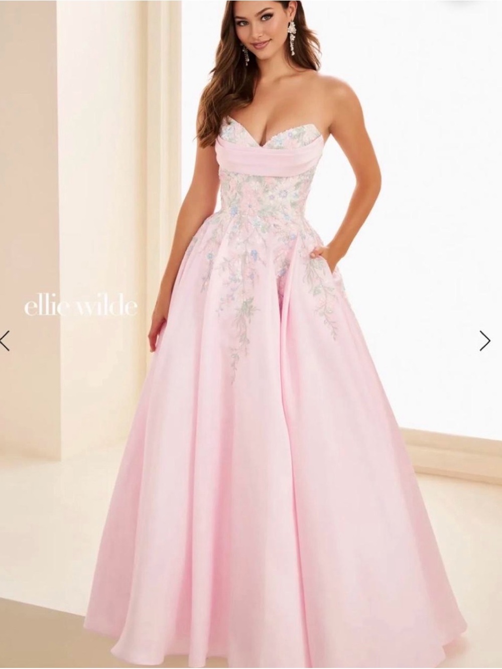 ellie wilde Strapless Light Pink Ball Gown with Floral Embroidery